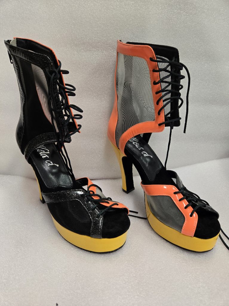 Godiva Chic TWO Platform Dance Boot Black Sparkle/Orange/Yellow Patent ONE-OF-A-KIND